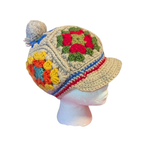 Vintage Patchwork Granny Square Crochet Newsboy Knit Hat Festival Boho Rainbow - Picture 1 of 5